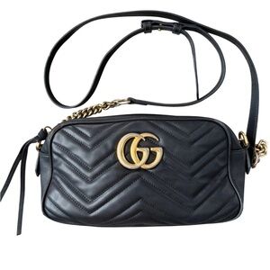 Gucci Marmont Matelasse Camera Bag Black Leather Gold GG Logo Crossbody
